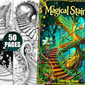Magical Staircase Coloring Pages for Adults, Enchanted Fantasy Coloring Book for Relaxation & Creativity, Printable Mythical Coloring Sheets