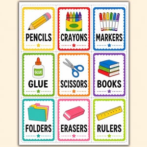 May include: A grid of nine educational flashcards featuring school supplies. Each card displays a colorful illustration and the corresponding text: PENCILS, CRAYONS, MARKERS, GLUE, SCISSORS, BOOKS, FOLDERS, ERASERS, and RULERS, all within scalloped borders.