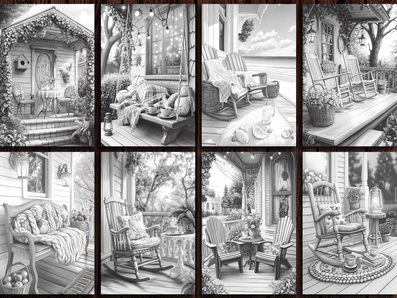Cozy Front Porch Coloring Pages: Relaxing Grayscale Scenes (printable ...