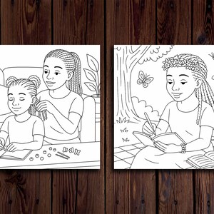 May include: Two black and white line drawings of girls with long braids. The girl on the left is sitting at a table with a notebook and pencil. The girl on the right is sitting on the ground with a notebook and pencil. Both girls are wearing flowers in their hair.