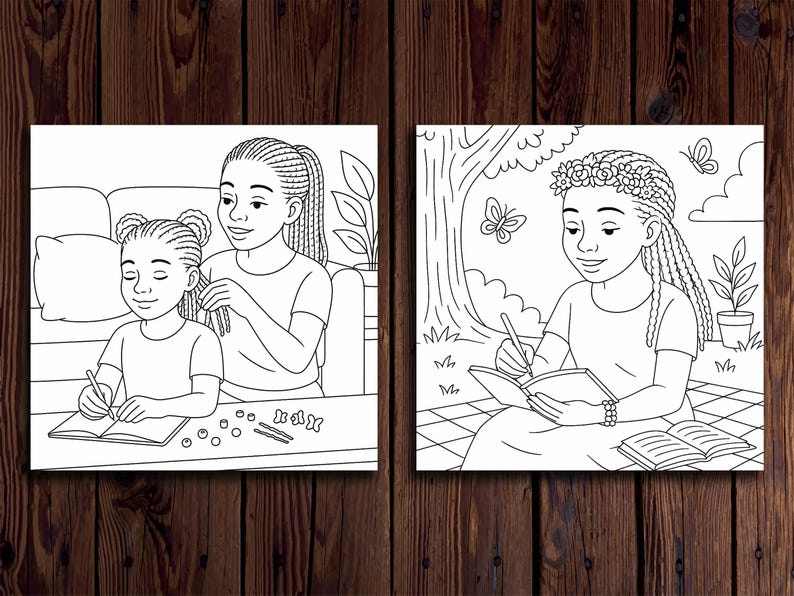 May include: Two black and white line drawings of girls with long braids. The girl on the left is sitting at a table with a notebook and pencil. The girl on the right is sitting on the ground with a notebook and pencil. Both girls are wearing flowers in their hair.