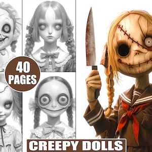 40 Creepy Dolls Coloring Pages for Adults | Printable Horror Grayscale Fantasy Art | Gothic Dress Designs | Digital Download Coloring Book