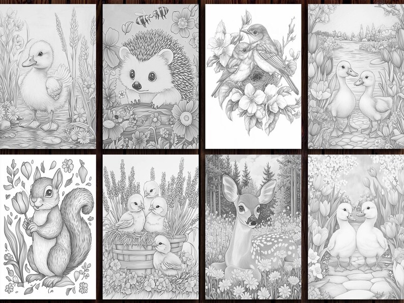 May include: A colouring book page featuring eight different illustrations of animals in nature. The illustrations include a duckling, a hedgehog, a pair of birds in a nest, a pair of ducklings, a squirrel, a group of chicks in a basket, a deer, and another pair of ducklings.