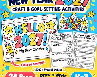 New Year 2027 Craft and Goal Setting Activities for Kids, Printable Booklet and Crowns