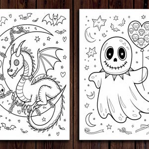 May include: Two black and white coloring pages featuring Halloween characters. The first page shows a dragon with a chain around its neck, sitting on a crescent moon. The second page shows a ghost holding a heart-shaped balloon with skulls inside.