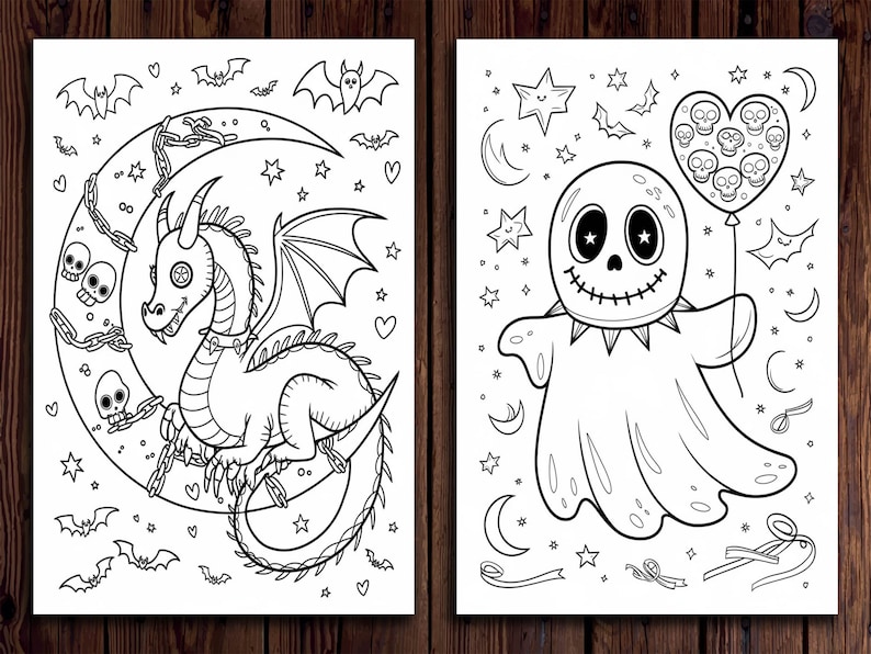 May include: Two black and white coloring pages featuring Halloween characters. The first page shows a dragon with a chain around its neck, sitting on a crescent moon. The second page shows a ghost holding a heart-shaped balloon with skulls inside.