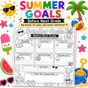 Può includere: Un grafico "Summer Goals Before Next Grade" con illustrazioni estive. Include un sole, un pallone da spiaggia, un'anguria e altre icone. Ideale per pianificare le attività estive.