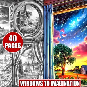 40 Printable Windows to Imagination Coloring Pages in Grayscale for Adults, Magical and Enchanted Landscapes, Fantasy Coloring Book