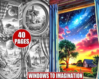 Libro para colorear de paisajes fantásticos: 40 ventanas en escala de grises (imprimible)