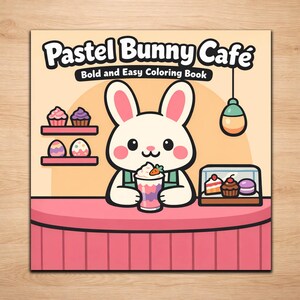 May include: A coloring book titled "Pastel Bunny Cafe" with a cartoon bunny holding a drink. The cover features cupcakes, decorated eggs, and pastries. The book's subtitle reads "Bold and Easy Coloring Book."