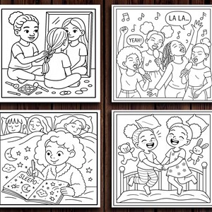 May include: Four black and white illustrations showing scenes of friendship. One shows girls braiding hair, another shows girls singing, a third shows a girl writing in a book, and the last shows girls playing on a bed.