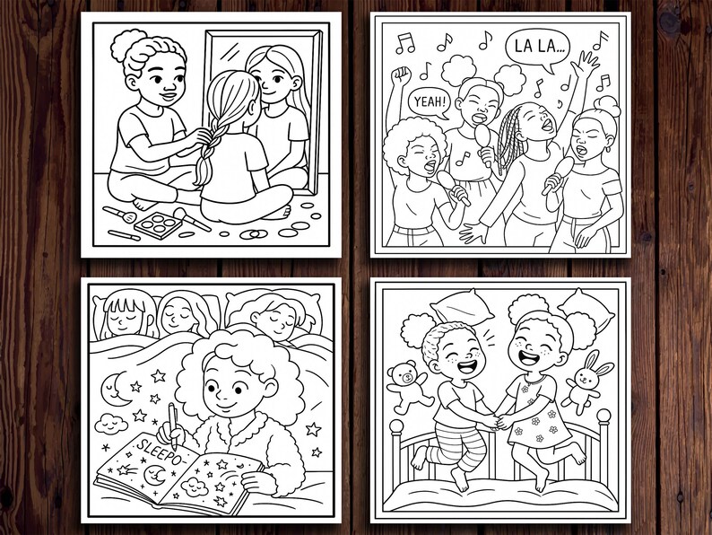 May include: Four black and white illustrations showing scenes of friendship. One shows girls braiding hair, another shows girls singing, a third shows a girl writing in a book, and the last shows girls playing on a bed.