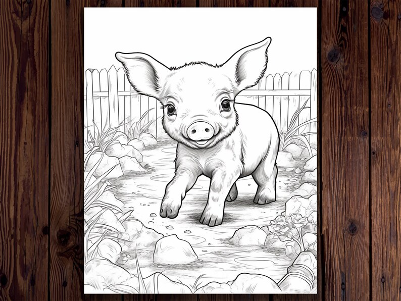 May include: A black and white line drawing of a piglet walking towards the viewer. The piglet is in a grassy area with rocks and a wooden fence in the background.