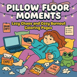 Op de afbeelding: Illustratie van een persoon die op kussens ligt met een laptop, afstandsbediening en snacks. De afbeelding bevat de tekst "PILLOW FLOOR MOMENTS" en "Lazy Chaos and Cozy Burnout Coloring Pages". Een kikkerknuffel en een boek met "off today" zijn ook zichtbaar.