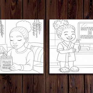 Op de afbeelding: Twee zwart-wit illustraties. E&eacute;n toont een persoon die een kaars aansteekt met de tekst "PEACE BEGINS WITH ME". De andere toont een persoon die een fles vasthoudt met de tekst "SOFTNESS IS STRENGTH".