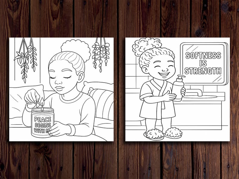 Op de afbeelding: Twee zwart-wit illustraties. E&eacute;n toont een persoon die een kaars aansteekt met de tekst "PEACE BEGINS WITH ME". De andere toont een persoon die een fles vasthoudt met de tekst "SOFTNESS IS STRENGTH".