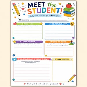 May include: A Meet the Student worksheet featuring colorful headers and icons including a pencil, books, and an apple. The form includes sections for name, likes, feelings, learning style, goals, and a space to draw, with text prompts in English.