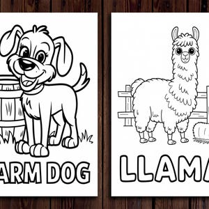 K&ouml;nnte beinhalten: Zwei Schwarz-Wei&szlig;-Illustrationen auf Holzgrund. Eine zeigt einen l&auml;chelnden Hund neben einem Fass mit dem Text "FARM DOG" darunter. Die andere zeigt ein Lama in der N&auml;he eines Zauns und eines Heuballens mit dem Text "LLAMA".