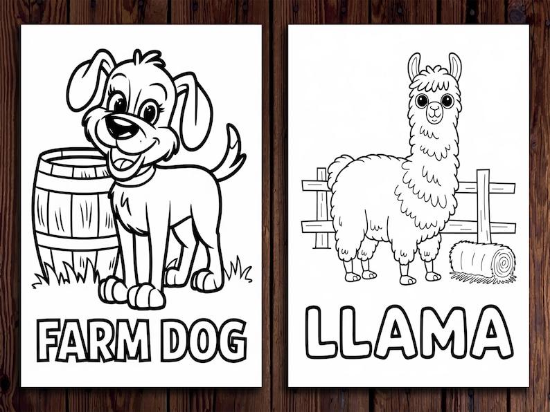 K&ouml;nnte beinhalten: Zwei Schwarz-Wei&szlig;-Illustrationen auf Holzgrund. Eine zeigt einen l&auml;chelnden Hund neben einem Fass mit dem Text "FARM DOG" darunter. Die andere zeigt ein Lama in der N&auml;he eines Zauns und eines Heuballens mit dem Text "LLAMA".