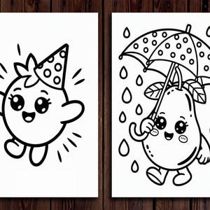 Puede incluir: Dos ilustraciones en blanco y negro. La primera representa un personaje sonriente de estilo caricatura con un gorro de fiesta. La segunda muestra una pera sonriente sosteniendo un paraguas bajo la lluvia.