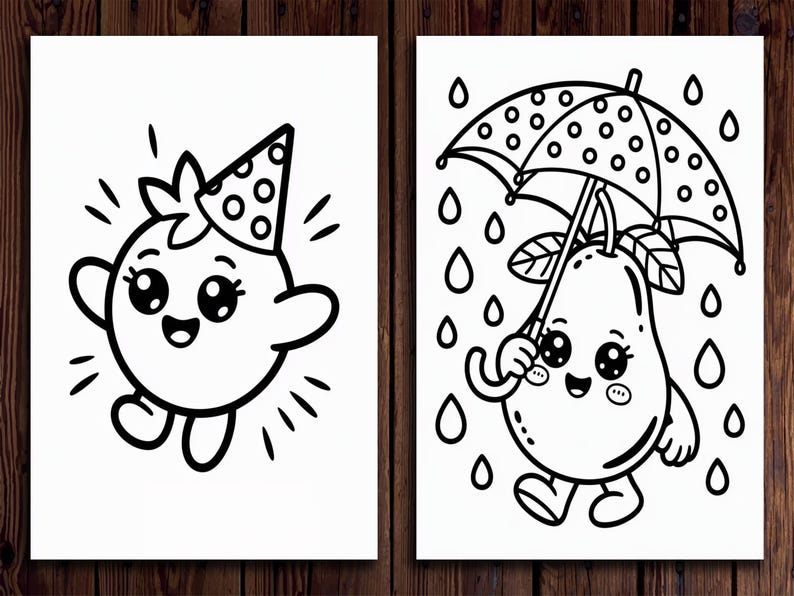 Puede incluir: Dos ilustraciones en blanco y negro. La primera representa un personaje sonriente de estilo caricatura con un gorro de fiesta. La segunda muestra una pera sonriente sosteniendo un paraguas bajo la lluvia.