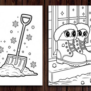 May include: A black and white coloring page featuring a snow shovel and a pair of boots with googly eyes. The shovel is in a pile of snow with snowflakes falling around it. The boots are on a doorstep with snow on the ground.