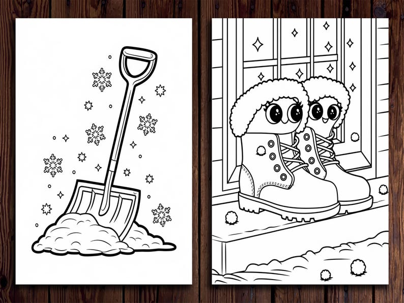 May include: A black and white coloring page featuring a snow shovel and a pair of boots with googly eyes. The shovel is in a pile of snow with snowflakes falling around it. The boots are on a doorstep with snow on the ground.