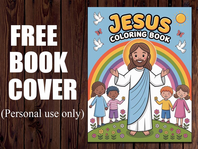 May include: A colorful book cover for a Jesus coloring book. The cover features a rainbow, doves, butterflies, and a smiling Jesus with outstretched arms. There are also four children standing in front of Jesus, two girls and two boys.