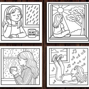 May include: Four black and white square illustrations depicting relaxing scenes. One shows a person listening to music with headphones, another shows a person looking out a window at the sun, a third shows a person holding a mug, and the last shows a person looking at musical notes.