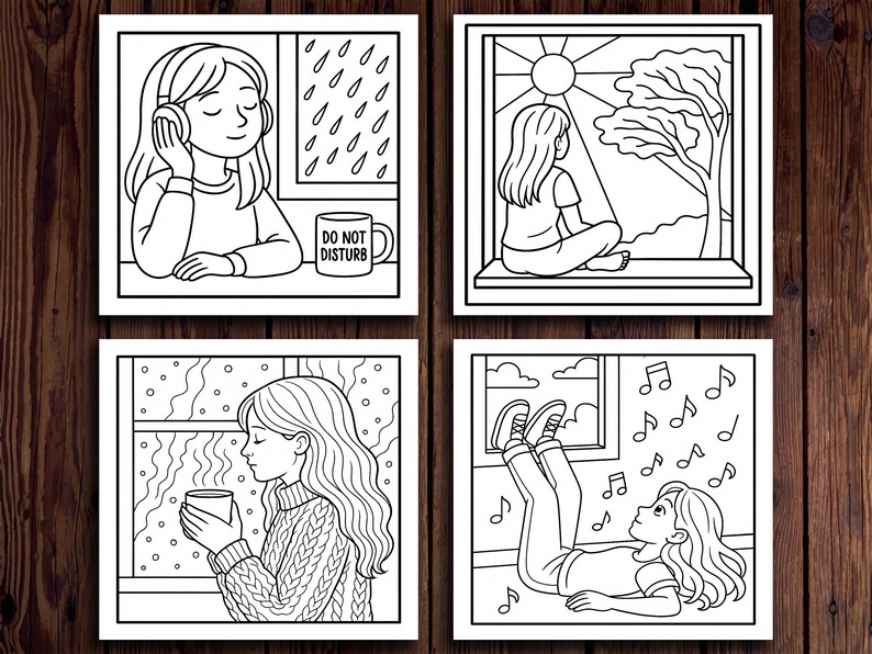 May include: Four black and white square illustrations depicting relaxing scenes. One shows a person listening to music with headphones, another shows a person looking out a window at the sun, a third shows a person holding a mug, and the last shows a person looking at musical notes.