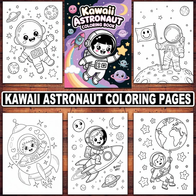 May include: A collection of black and white Kawaii Astronaut coloring pages. The pages feature cute astronauts, planets, rockets, and stars. The text "Kawaii Astronaut Coloring Book" and "Kawaii Astronaut Coloring Pages" are visible.