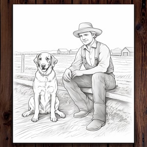May include: A black and white drawing of a man wearing a hat and overalls sitting on a fence with a dog beside him. The man is looking to the side and the dog is looking at the viewer. The background is a field with a fence and some buildings in the distance.