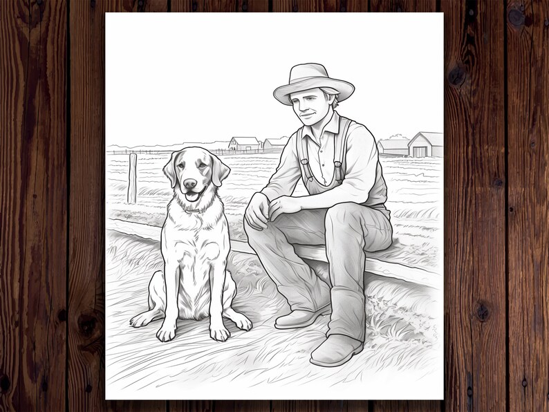 May include: A black and white drawing of a man wearing a hat and overalls sitting on a fence with a dog beside him. The man is looking to the side and the dog is looking at the viewer. The background is a field with a fence and some buildings in the distance.
