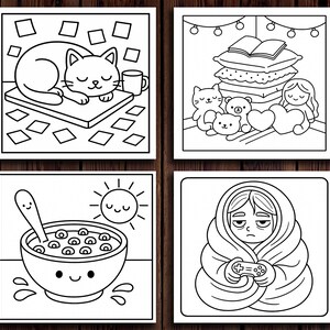 May include: Four black and white illustrations. One shows a cat sleeping on a board with a mug. Another depicts a stack of pillows, a book, and stuffed animals. A bowl of cereal with a smiling sun is in the third. The last shows a person wrapped in a blanket holding a game controller.