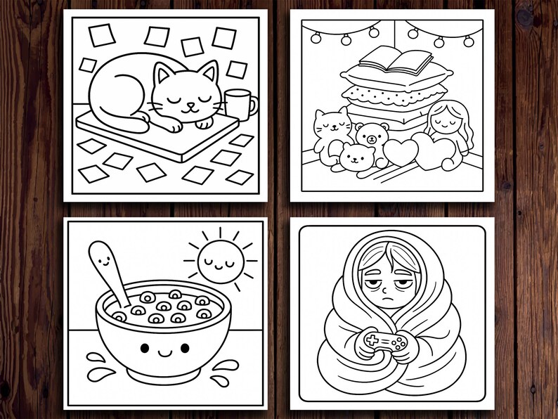 May include: Four black and white illustrations. One shows a cat sleeping on a board with a mug. Another depicts a stack of pillows, a book, and stuffed animals. A bowl of cereal with a smiling sun is in the third. The last shows a person wrapped in a blanket holding a game controller.