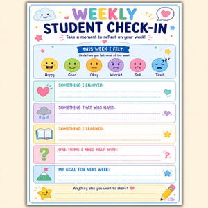 May include: A Weekly Student Check-In worksheet featuring colorful graphics and text. It includes a mood tracker with six emoji faces, followed by sections for reflections on enjoyments, challenges, learning, help needed, and goals for the next week.