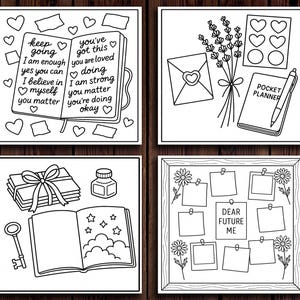 May include: Black and white line art illustrations of inspirational themes. One shows an open journal with motivational phrases. Another features a bouquet, envelope, stickers, and a planner. The third shows a stack of books, ink bottle, key, and an open book. The last one has a bulletin board with the text "Dear Future Me".