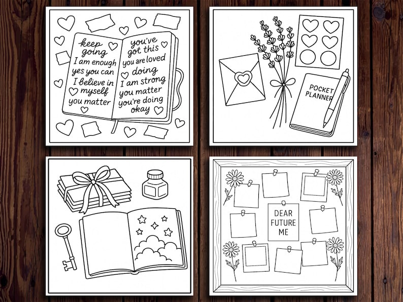 May include: Black and white line art illustrations of inspirational themes. One shows an open journal with motivational phrases. Another features a bouquet, envelope, stickers, and a planner. The third shows a stack of books, ink bottle, key, and an open book. The last one has a bulletin board with the text "Dear Future Me".