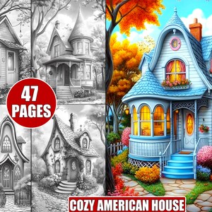 Peut inclure: Un livre de coloriage de 47 pages avec des illustrations de maisons américaines confortables. La couverture montre une maison bleue avec des bordures blanches et un porche, entourée de fleurs et d'arbres colorés. Le titre "Cozy American House" est imprimé en bas de la couverture.