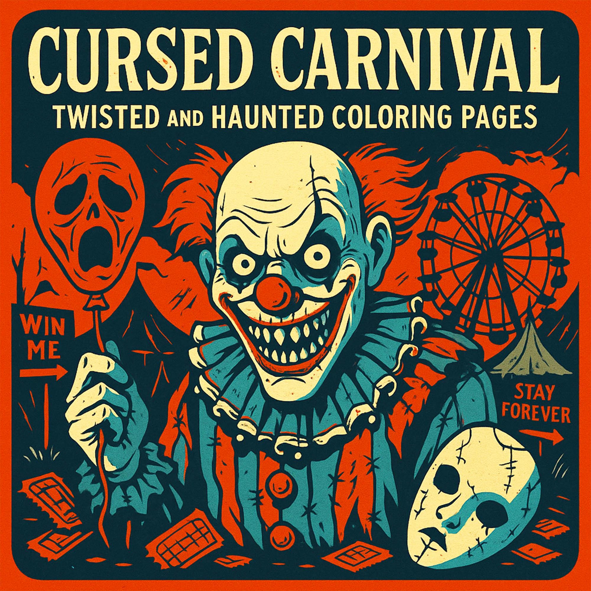 Cursed Carnival – 20 Haunted and Twisted Coloring Pages | Creepy Clowns, Broken Rides & Eerie Funhouse Horror Scenes