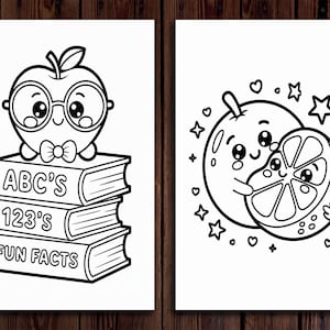 Puede incluir: Ilustraciones en blanco y negro con temas educativos. Una muestra un personaje de manzana con gafas y pajarita, encima de libros con las palabras "ABC'S", "123'S" y "FUN FACTS". La otra representa una naranja sonriente abrazando una rodaja, rodeada de estrellas y corazones.