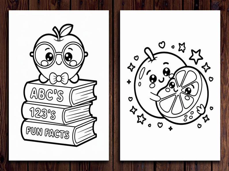 Puede incluir: Ilustraciones en blanco y negro con temas educativos. Una muestra un personaje de manzana con gafas y pajarita, encima de libros con las palabras "ABC'S", "123'S" y "FUN FACTS". La otra representa una naranja sonriente abrazando una rodaja, rodeada de estrellas y corazones.