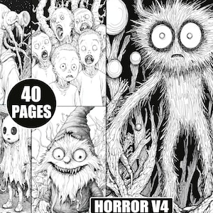 40 Horror V4 Coloring Pages for Adults | Printable Grayscale Fantasy Sheets | Creepy and Scary Coloring Book, Halloween Digital Download