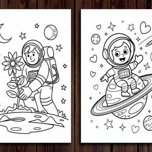 May include: Two black and white illustrations of astronauts. One astronaut is planting a flower on a planet, surrounded by stars, a moon, and a crescent moon. The other astronaut is sitting on a planet, waving, with stars and hearts.