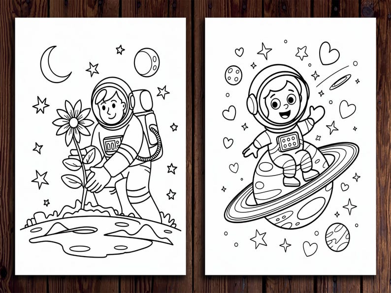 May include: Two black and white illustrations of astronauts. One astronaut is planting a flower on a planet, surrounded by stars, a moon, and a crescent moon. The other astronaut is sitting on a planet, waving, with stars and hearts.