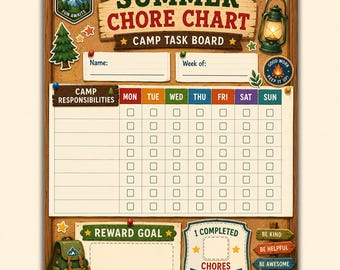 Summer Chore Chart Printable | Weekly Kids Responsibility Tracker, Camp Task Board, Summer Routine Checklist