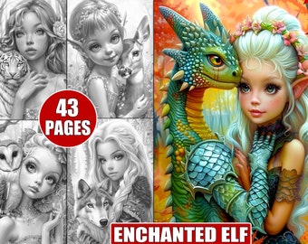Enchanted Elf Coloring Pages: Whimsical Animal Portraits (Printable Grayscale)