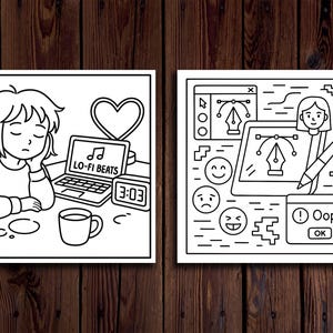 May include: Two black and white illustrations on a wooden background. One shows a person resting their head on their arm with a laptop that says "LO-FI BEATS" and a clock that reads 3:03. The other shows a person with a pen and a computer screen with the word "Oops!"