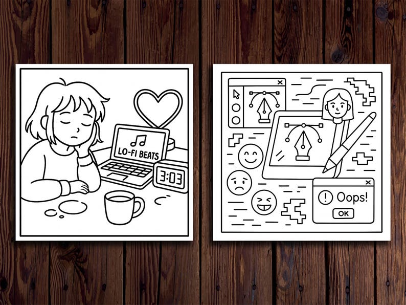 May include: Two black and white illustrations on a wooden background. One shows a person resting their head on their arm with a laptop that says "LO-FI BEATS" and a clock that reads 3:03. The other shows a person with a pen and a computer screen with the word "Oops!"