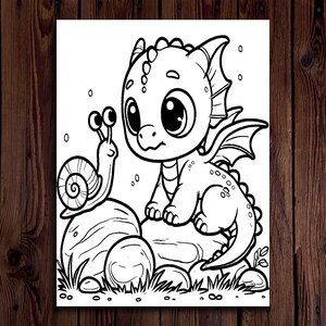 May include: Black and white illustration of a cartoon dragon and snail. The dragon has large eyes, wings, and sits on a rock. The snail is on a rock, and the scene includes grass and small bubbles.